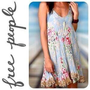Free people flowy tank dress blue floral gold trim boho festival Large